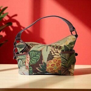 Fossil Boho Floral Canvas Shoulder Bag Tapestry Leather Trim Vintage Key Charm